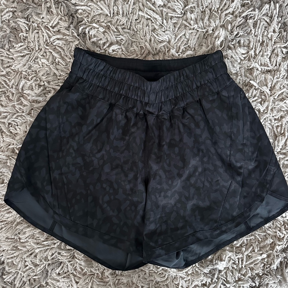 Lululemon Black Leopard Track That High Rise Lined Shorts